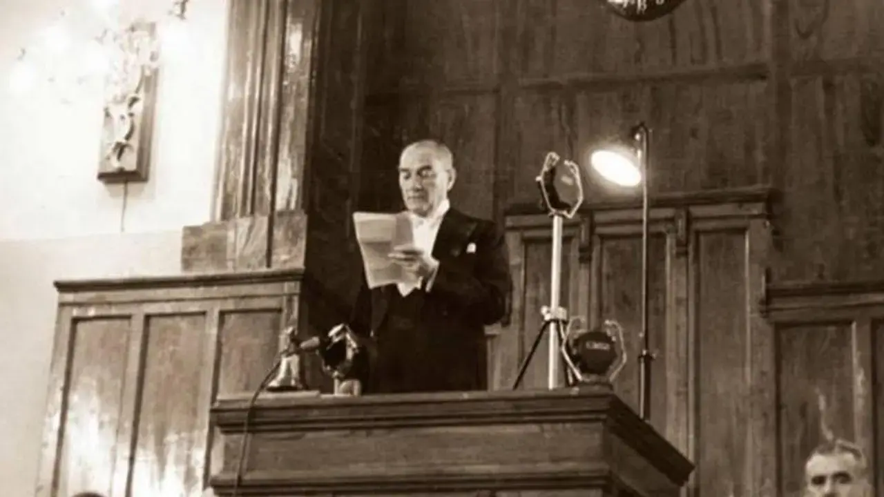 Atatürk giving a speech